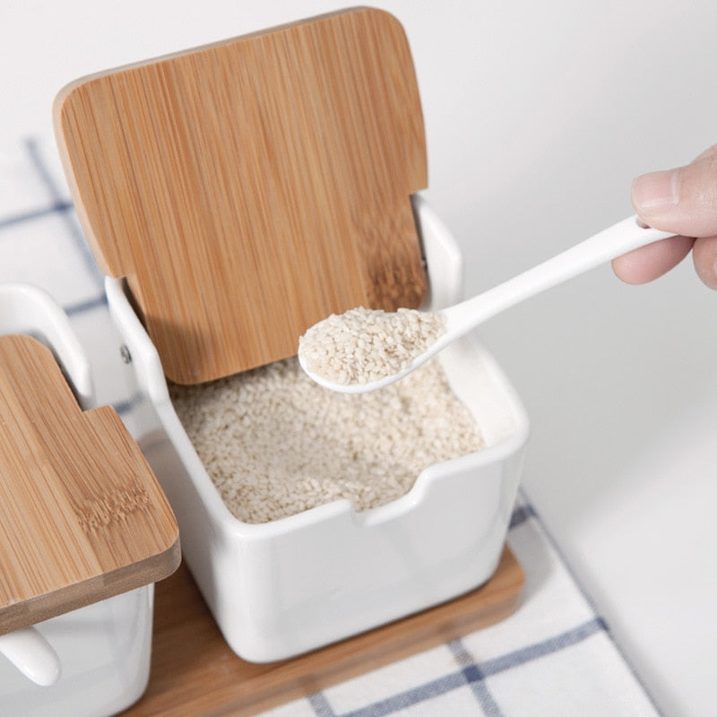 Set of Ceramic Seasoning Rack Spice Pots Bowls With Spoon & Porcelain Box and Bamboo Cover - Storage Container Condiment Jars
