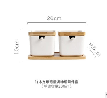 Set of Ceramic Seasoning Rack Spice Pots Bowls With Spoon & Porcelain Box and Bamboo Cover - Storage Container Condiment Jars