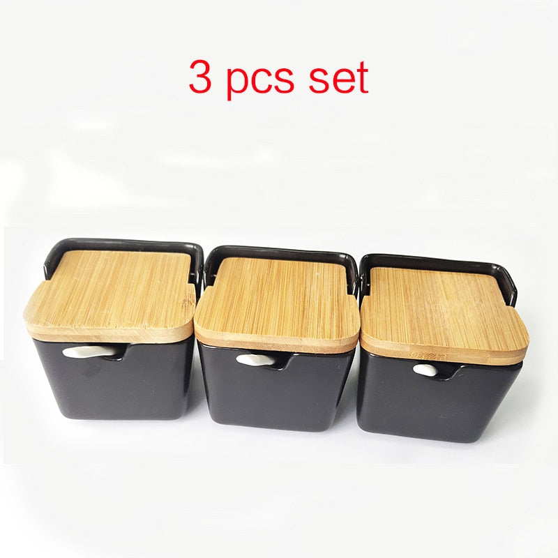 Set of Ceramic Seasoning Rack Spice Pots Bowls With Spoon & Porcelain Box and Bamboo Cover - Storage Container Condiment Jars