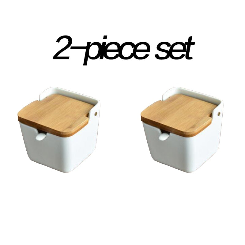 Set of Ceramic Seasoning Rack Spice Pots Bowls With Spoon & Porcelain Box and Bamboo Cover - Storage Container Condiment Jars