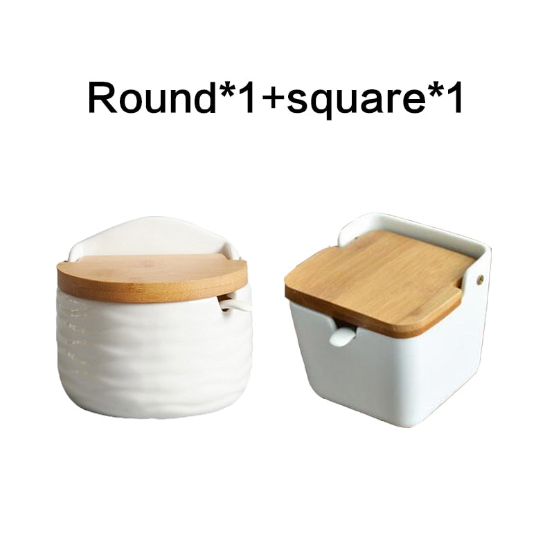 Set of Ceramic Seasoning Rack Spice Pots Bowls With Spoon & Porcelain Box and Bamboo Cover - Storage Container Condiment Jars