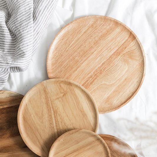 Wooden Round Tray Rubberwood Acacia Wood Breakfast Dishes Japanese Style Household Fruit Plate Dessert Plates Wooden Saucer