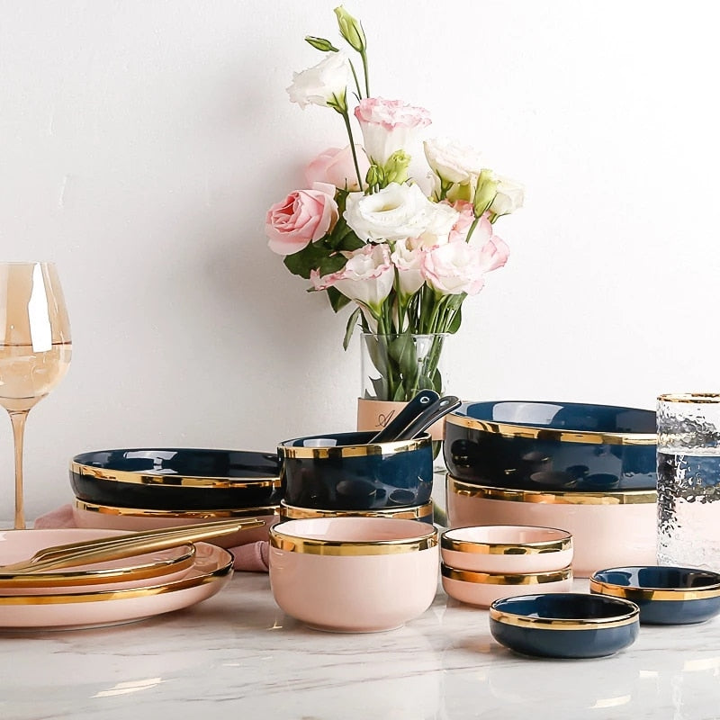 Pink Black Gold Inlay Ceramic Dinner Plate Tableware Porcelain Bulk Serving Dishes Home Wedding Decorative Dinnerware Wholesale