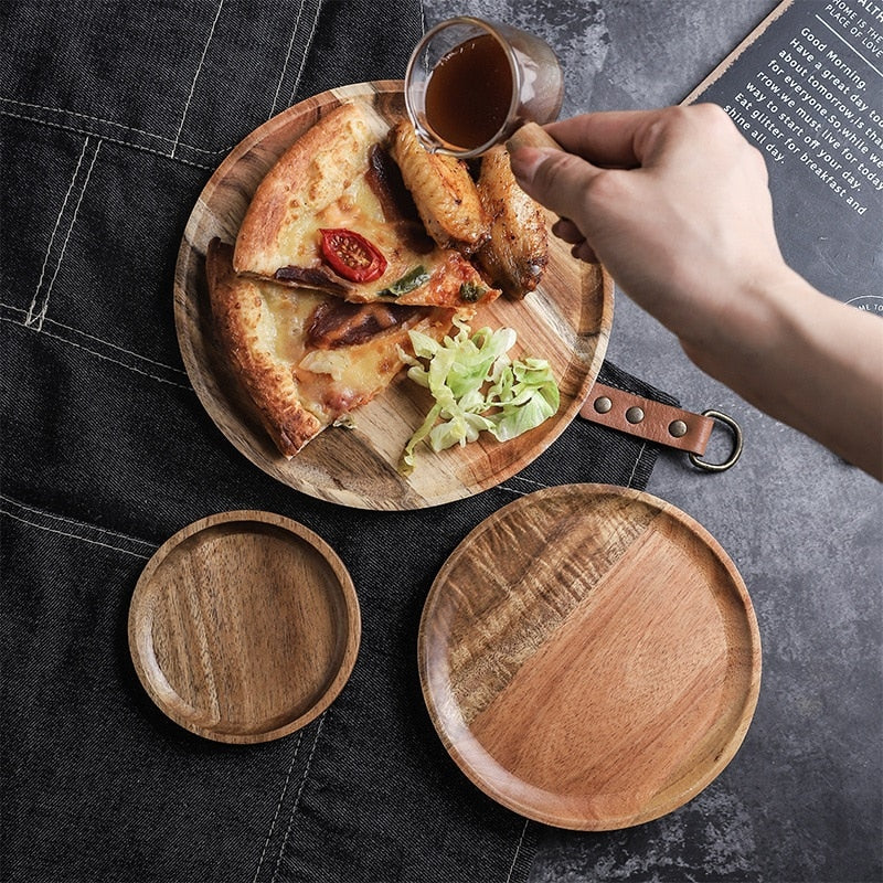 1Pcs Round Acacia Wood Plate Food Grade Healthy Fruit Salad Snack Sushi Dessert Cake Serving Plate Kitchen Dinner Plate Dishes