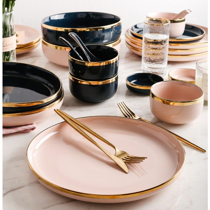 Pink Black Gold Inlay Ceramic Dinner Plate Tableware Porcelain Bulk Serving Dishes Home Wedding Decorative Dinnerware Wholesale