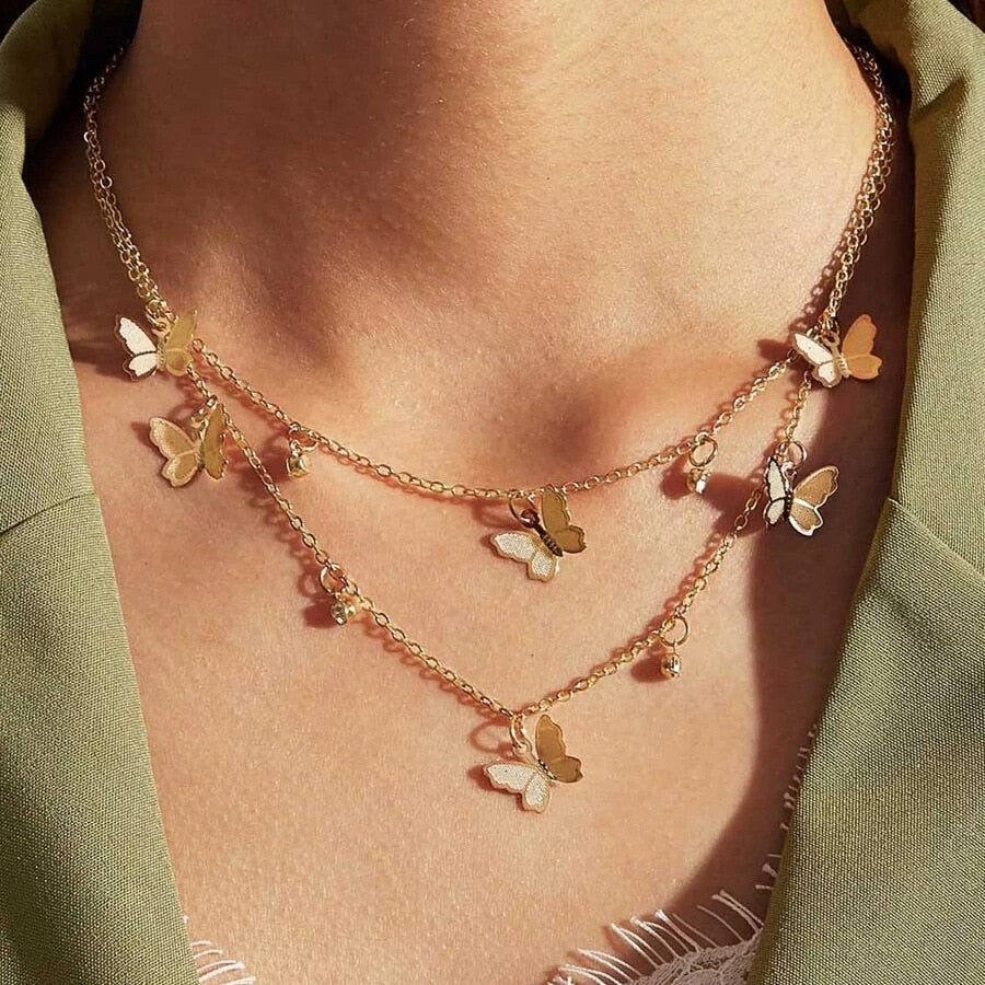 Vintage Multilayer Pendant Butterfly Necklace for Women Butterflies Moon Star Charm Choker Necklaces Boho Fashion Jewelry Gift