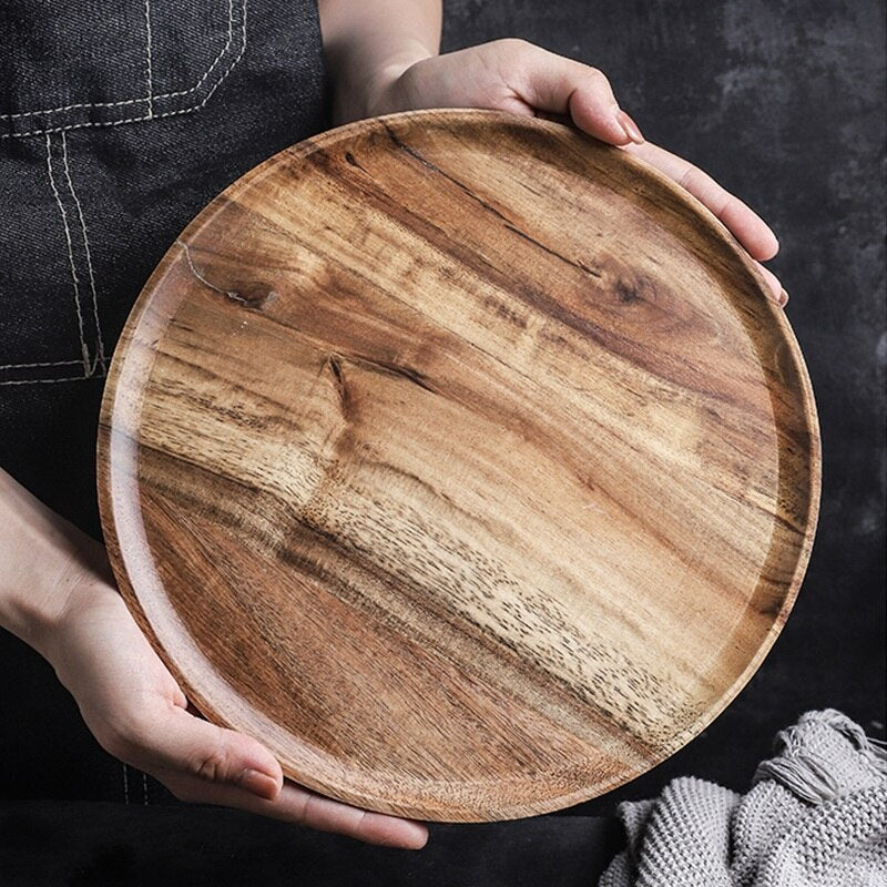 1Pcs Round Acacia Wood Plate Food Grade Healthy Fruit Salad Snack Sushi Dessert Cake Serving Plate Kitchen Dinner Plate Dishes