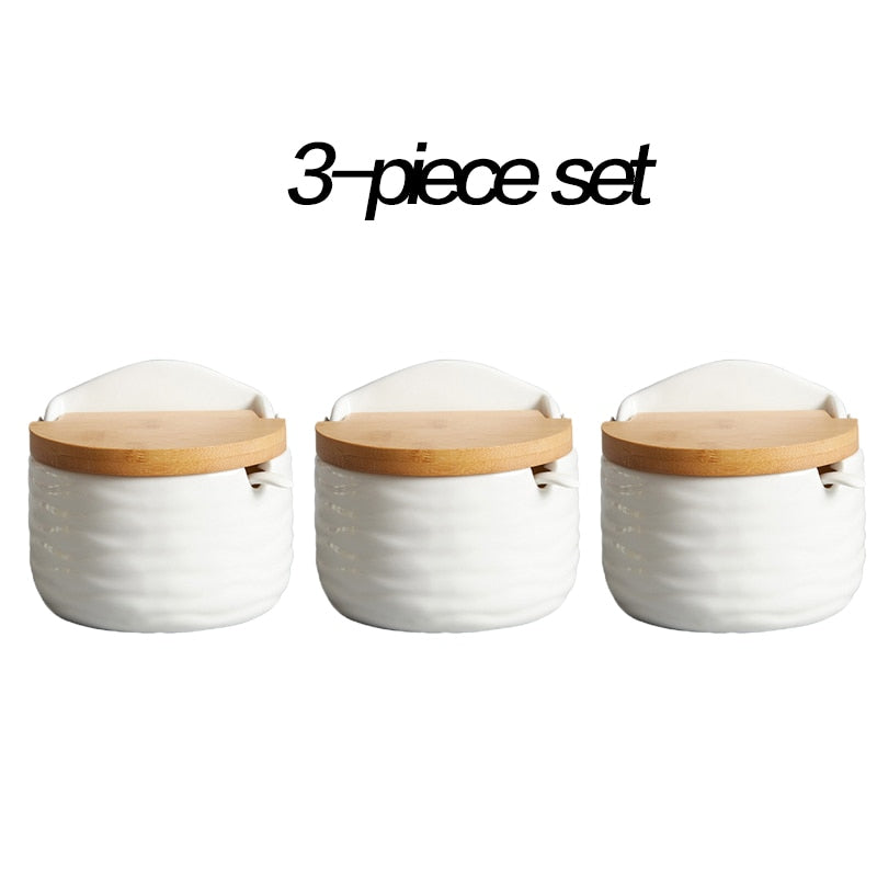 Set of Ceramic Seasoning Rack Spice Pots Bowls With Spoon & Porcelain Box and Bamboo Cover - Storage Container Condiment Jars