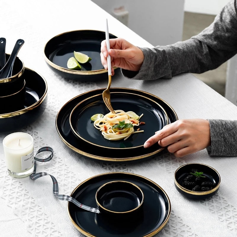 Pink Black Gold Inlay Ceramic Dinner Plate Tableware Porcelain Bulk Serving Dishes Home Wedding Decorative Dinnerware Wholesale