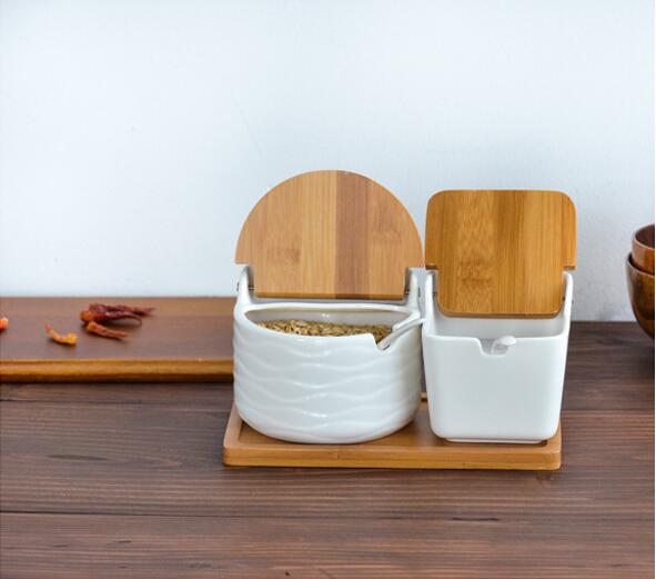 Set of Ceramic Seasoning Rack Spice Pots Bowls With Spoon & Porcelain Box and Bamboo Cover - Storage Container Condiment Jars