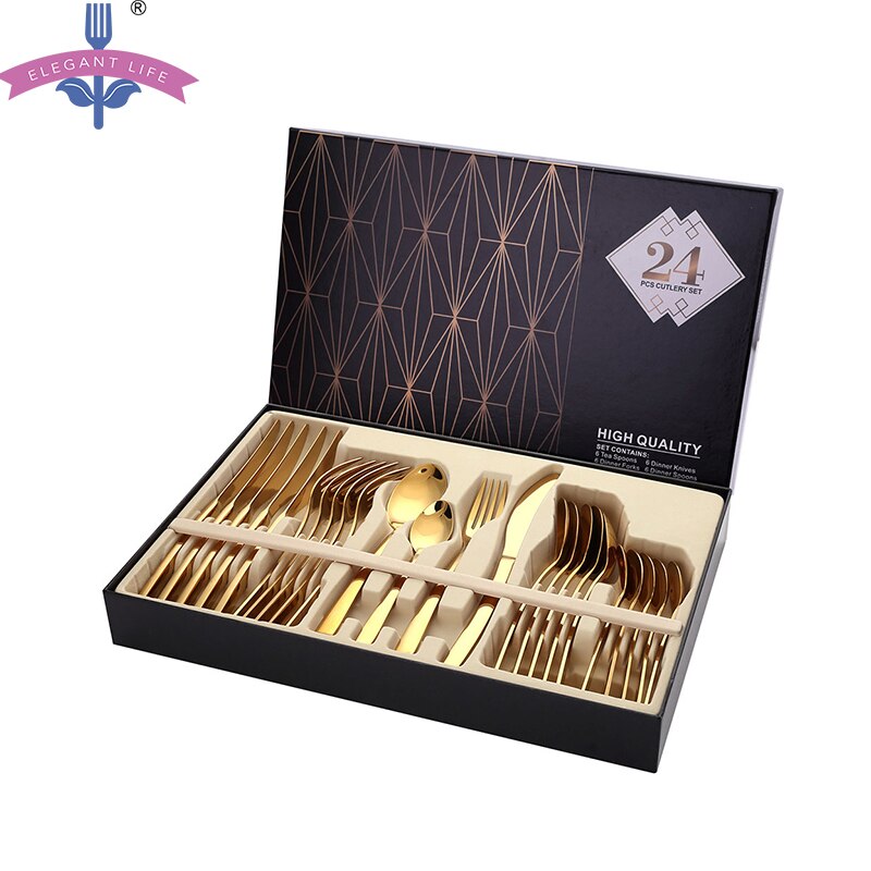 24PCS Tableware Gold Cutlery Set Dishes Dinnerware Set Knives Forks Spoons Western Kitchen 18/10 Stainless Steel Dinner Gift