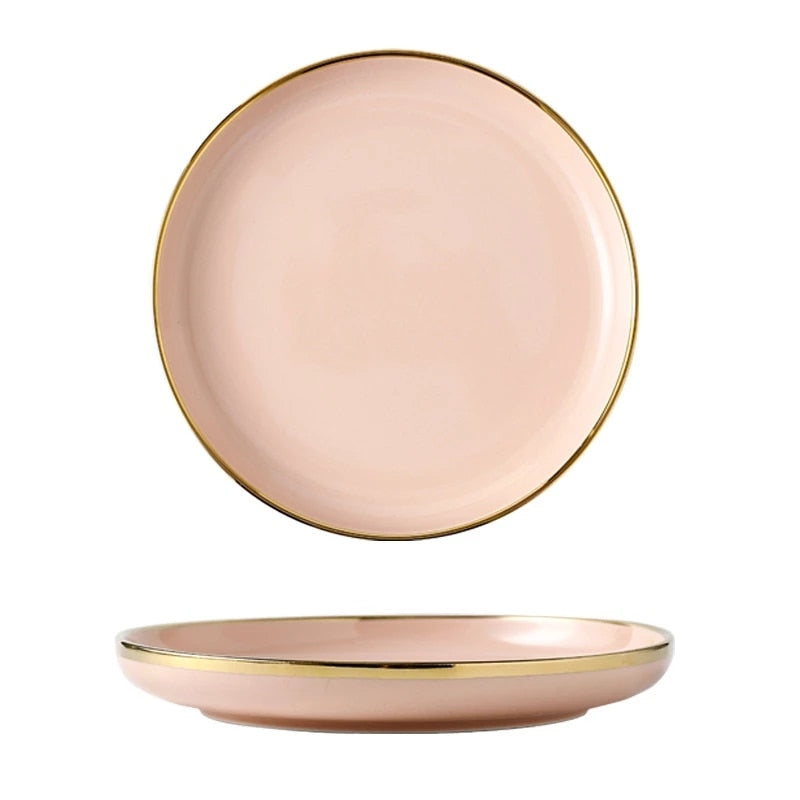 Pink Black Gold Inlay Ceramic Dinner Plate Tableware Porcelain Bulk Serving Dishes Home Wedding Decorative Dinnerware Wholesale