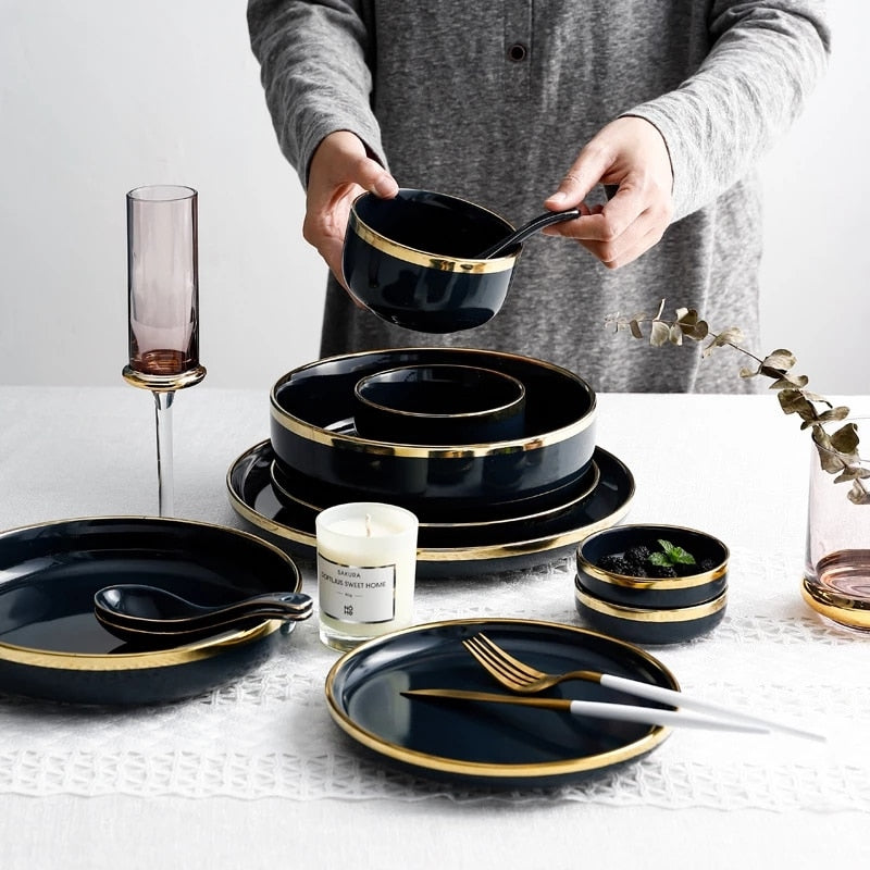 Pink Black Gold Inlay Ceramic Dinner Plate Tableware Porcelain Bulk Serving Dishes Home Wedding Decorative Dinnerware Wholesale