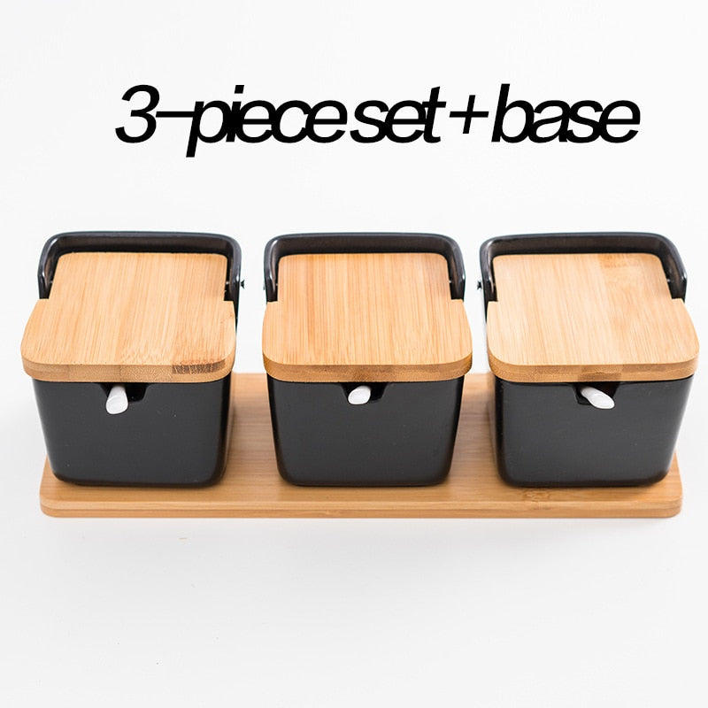 Set of Ceramic Seasoning Rack Spice Pots Bowls With Spoon & Porcelain Box and Bamboo Cover - Storage Container Condiment Jars