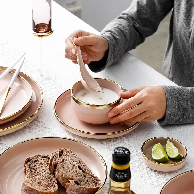 Pink Black Gold Inlay Ceramic Dinner Plate Tableware Porcelain Bulk Serving Dishes Home Wedding Decorative Dinnerware Wholesale
