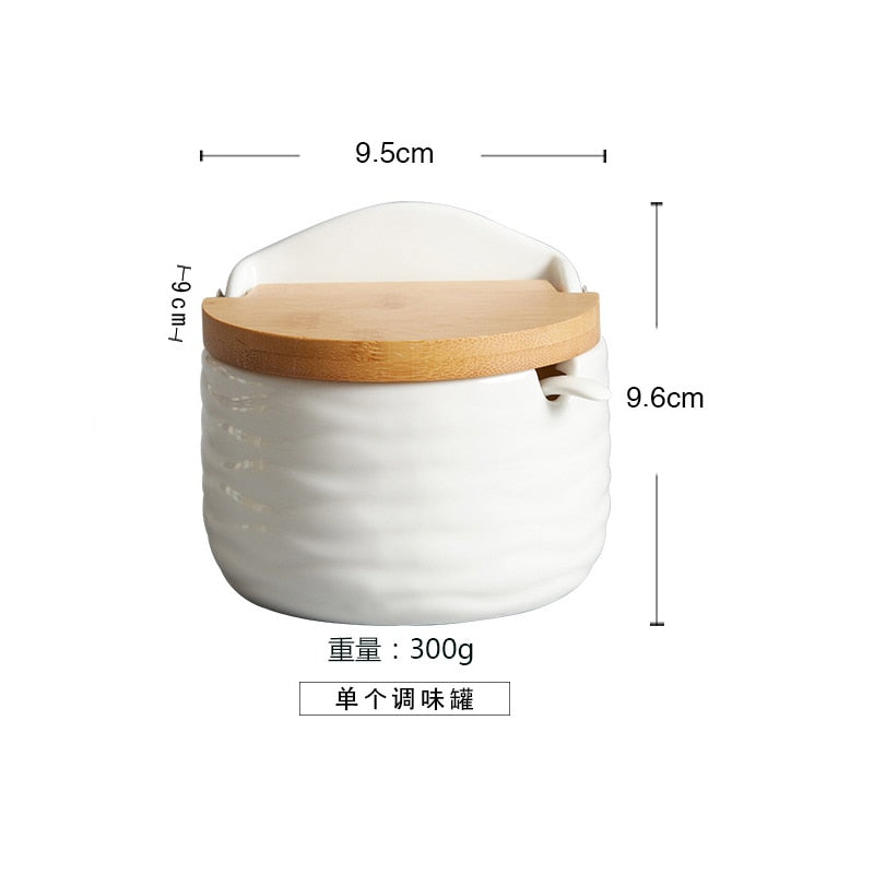 Set of Ceramic Seasoning Rack Spice Pots Bowls With Spoon & Porcelain Box and Bamboo Cover - Storage Container Condiment Jars