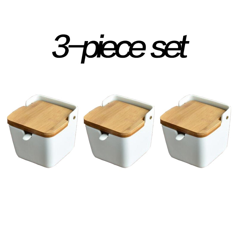 Set of Ceramic Seasoning Rack Spice Pots Bowls With Spoon & Porcelain Box and Bamboo Cover - Storage Container Condiment Jars