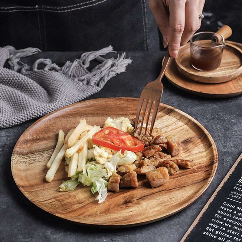 1Pcs Round Acacia Wood Plate Food Grade Healthy Fruit Salad Snack Sushi Dessert Cake Serving Plate Kitchen Dinner Plate Dishes