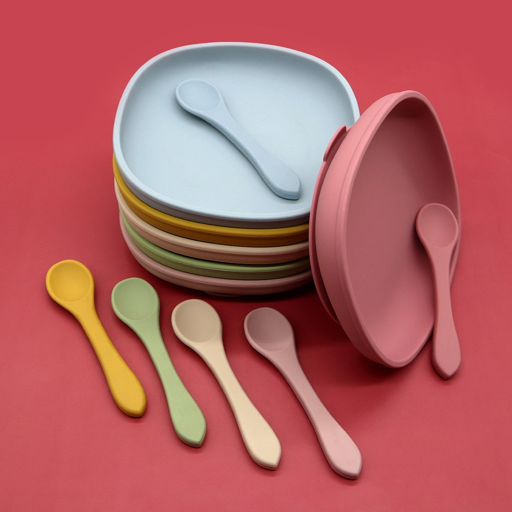 4pc Baby Silicone Plate Set Kids Bowl Plates Baby Feeding Silicone Bowl Spoon Children's Dishes Kid Dinner Platos Baby Tableware