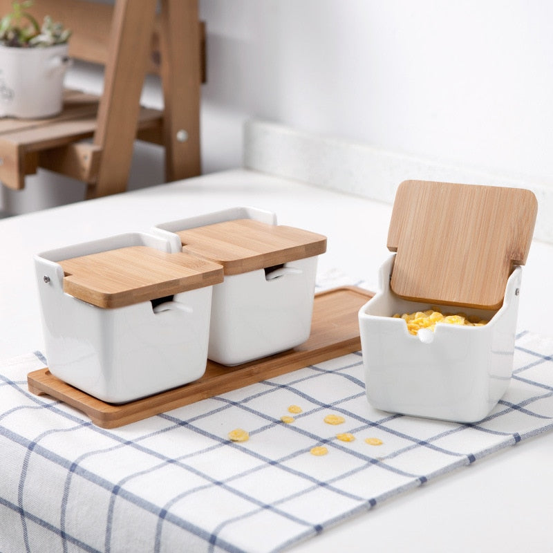 Set of Ceramic Seasoning Rack Spice Pots Bowls With Spoon & Porcelain Box and Bamboo Cover - Storage Container Condiment Jars