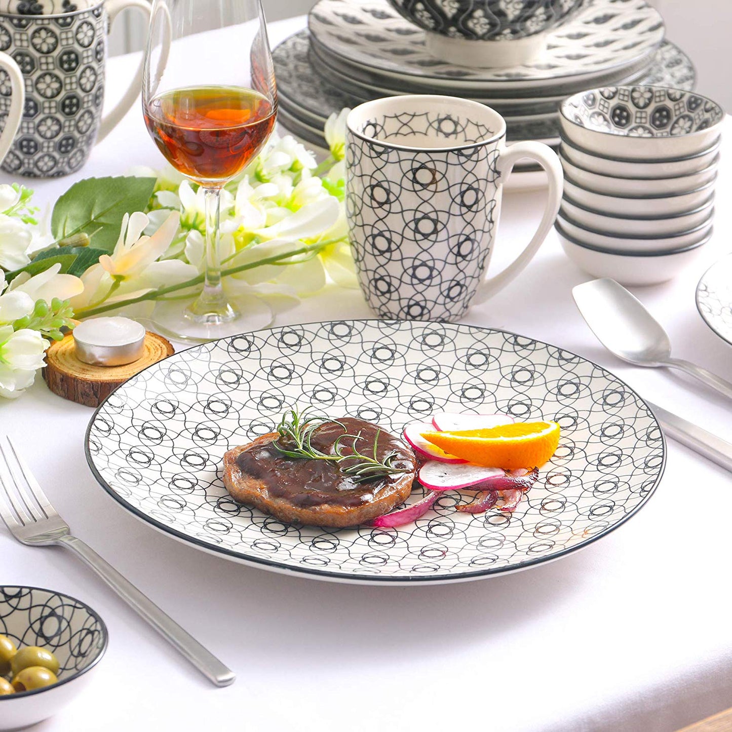 Vancasso Haruka 48-Pieces Porcelain Japanese Style Dinner Set with 8*Dinner Plate,Dessert Plate,Soup Plate,Bowl,Mug,Dishes Set