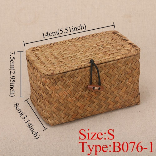 Rattan Weave Storage Box With Lid For Bulk Products Sundries Organizer Seaweed Vintage Straw Basket Container Jewelry Wicker