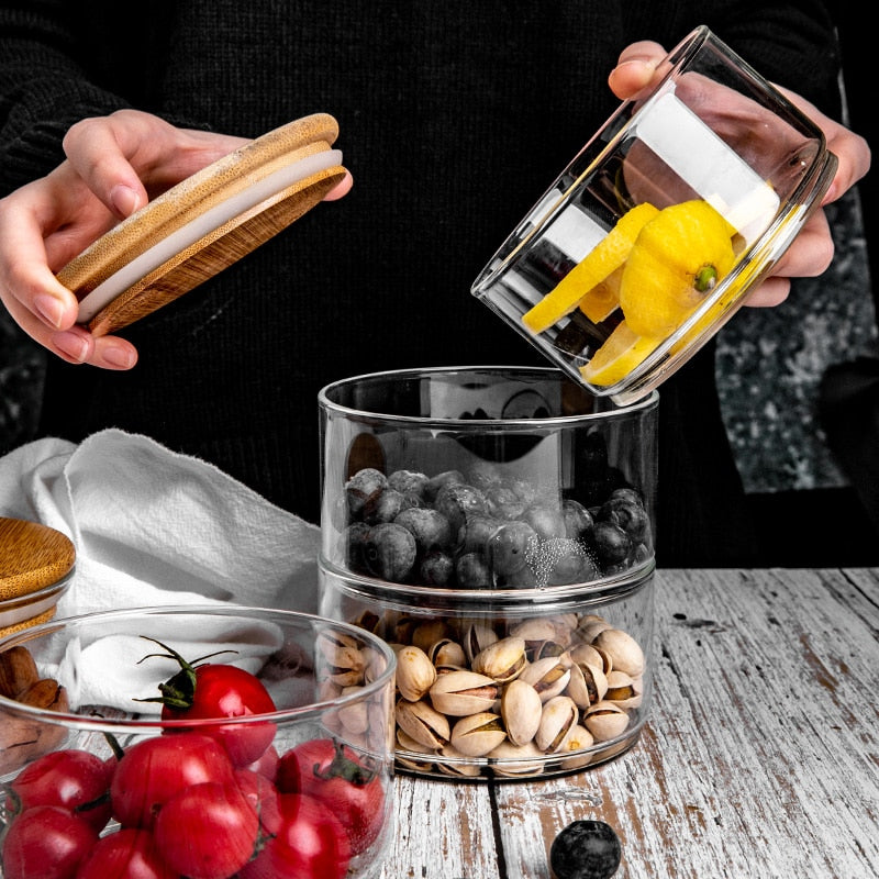 Stackable Transparent High Borosilicate Glass Can Kitchen Storage Bottle Food Bulk Container Sealed with Cover Home Organization