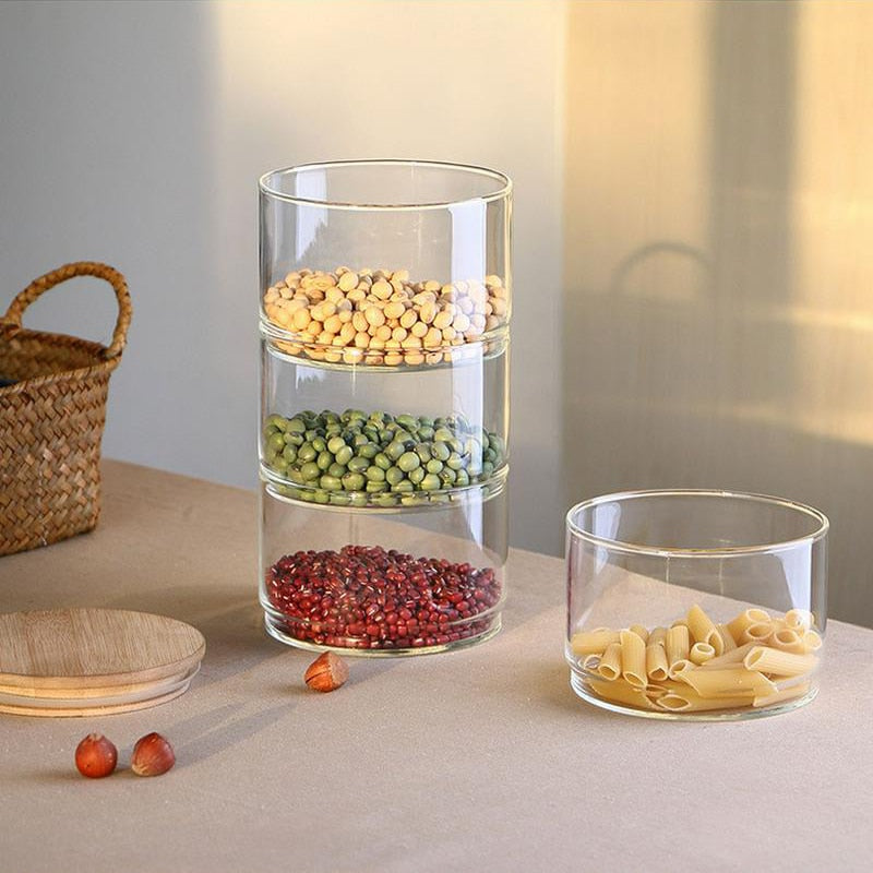 Stackable Transparent High Borosilicate Glass Can Kitchen Storage Bottle Food Bulk Container Sealed with Cover Home Organization