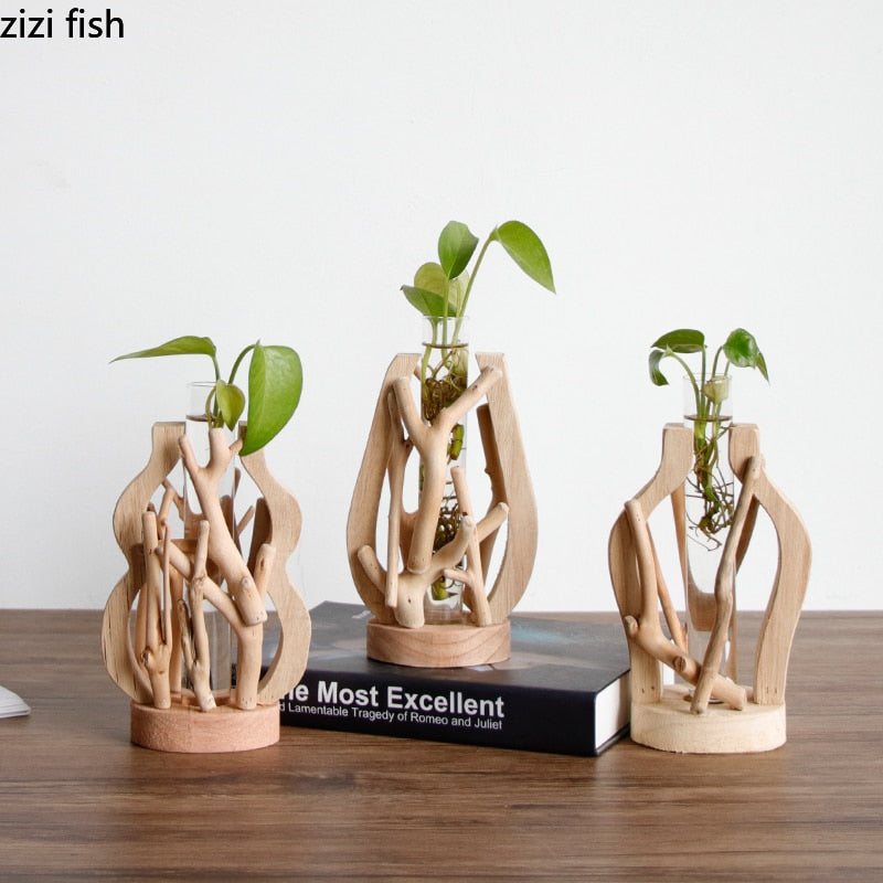Wooden Transparent Vase Countertop Vase Home Minimalist Decoration Living Room Office Desktop Decoration Small Ornaments