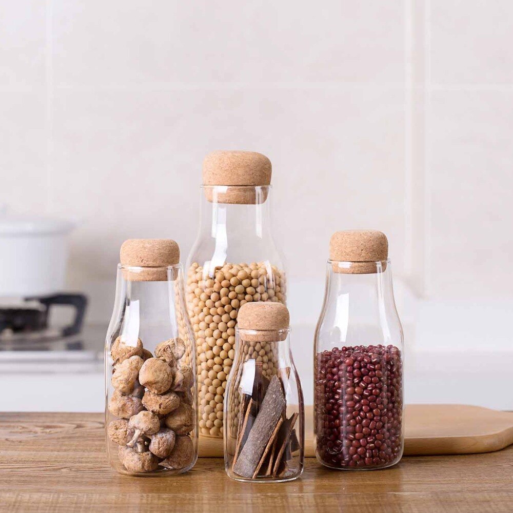 OTHERHOUSE Kitchen Storage Containers Transparent Glass Food Storage Jar Bottle Cereal Container Wood Plug Kitchen Organization