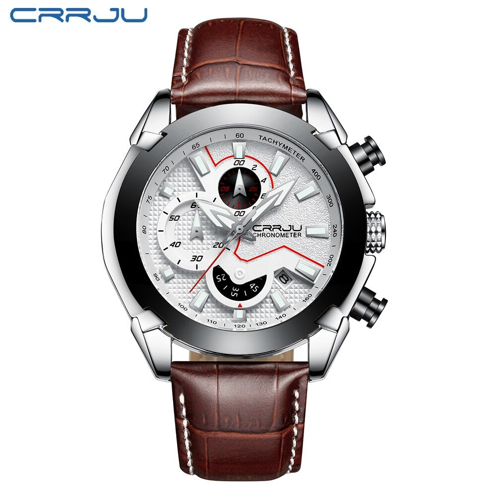 CRRJU New Fashion watches Luxury Calander Business Watch Mens Chronograph Sport Leather Watches Men's Luminous Quartz watch