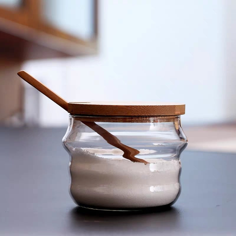 Spice Organizer Glass Seasoning Box Bottle Salt Pepper Shakers Sugar Container Storage Jar with Wooden Spoon Kitchen Accessories