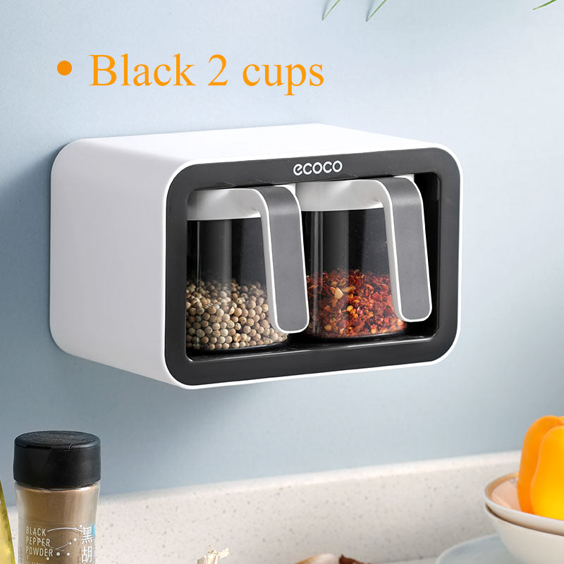 Wall Mount Spice Rack Organizer Sugar Bowl Salt Shaker Seasoning Container Spice Boxes With Spoons Kitchen Supplies Storage Set