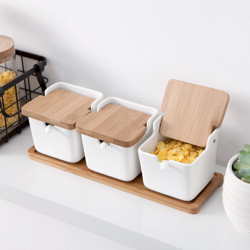 Set of Ceramic Seasoning Rack Spice Pots Bowls With Spoon & Porcelain Box and Bamboo Cover - Storage Container Condiment Jars