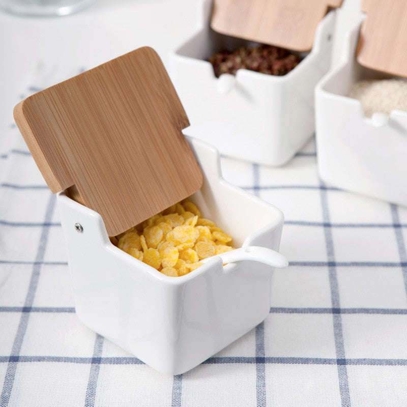 Set of Ceramic Seasoning Rack Spice Pots Bowls With Spoon & Porcelain Box and Bamboo Cover - Storage Container Condiment Jars