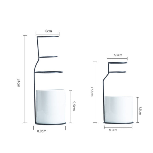 Nordic Minimalist Ceramic Flower Vase with Iron Holder Hydroponic Pot Modern Dried Flowers Container Planter Home Decoration