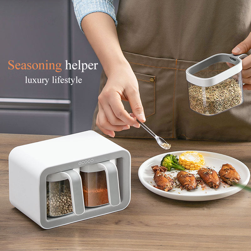 Wall Mount Spice Rack Organizer Sugar Bowl Salt Shaker Seasoning Container Spice Boxes With Spoons Kitchen Supplies Storage Set