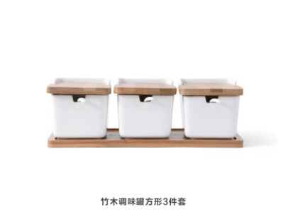 Set of Ceramic Seasoning Rack Spice Pots Bowls With Spoon & Porcelain Box and Bamboo Cover - Storage Container Condiment Jars