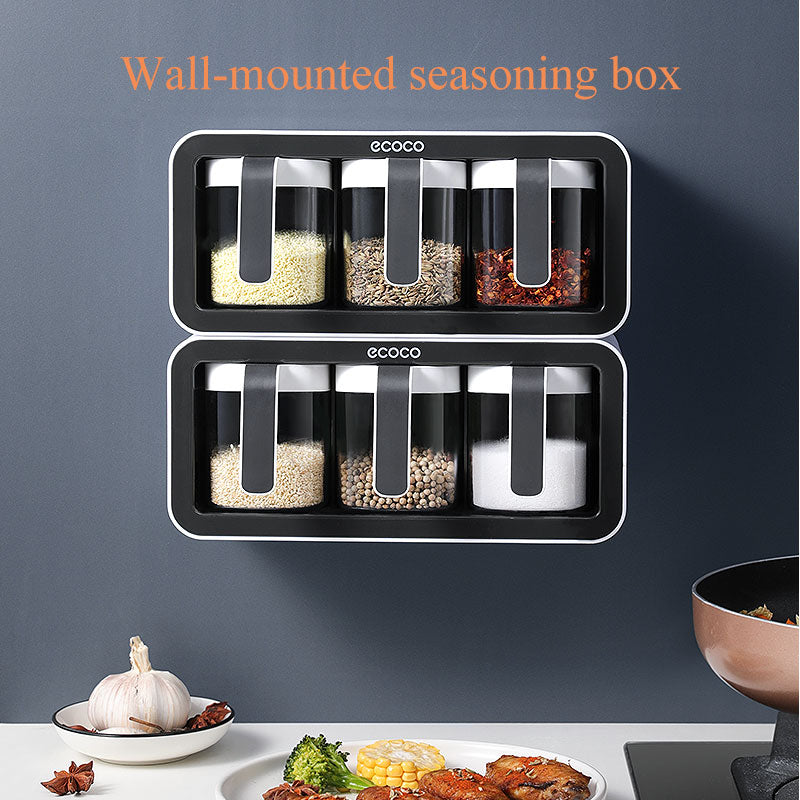 Wall Mount Spice Rack Organizer Sugar Bowl Salt Shaker Seasoning Container Spice Boxes With Spoons Kitchen Supplies Storage Set
