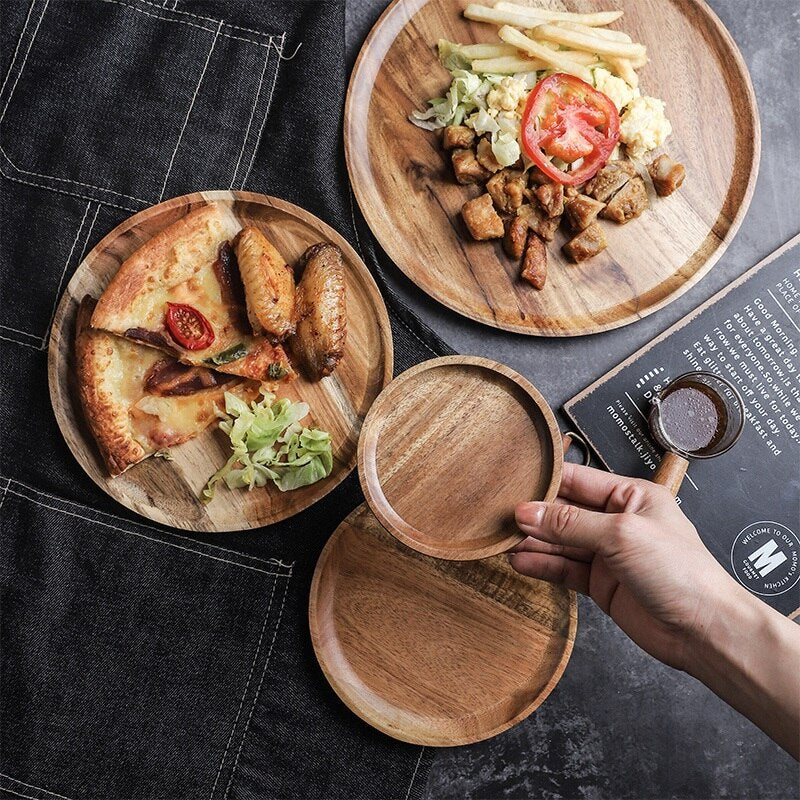 1Pcs Round Acacia Wood Plate Food Grade Healthy Fruit Salad Snack Sushi Dessert Cake Serving Plate Kitchen Dinner Plate Dishes