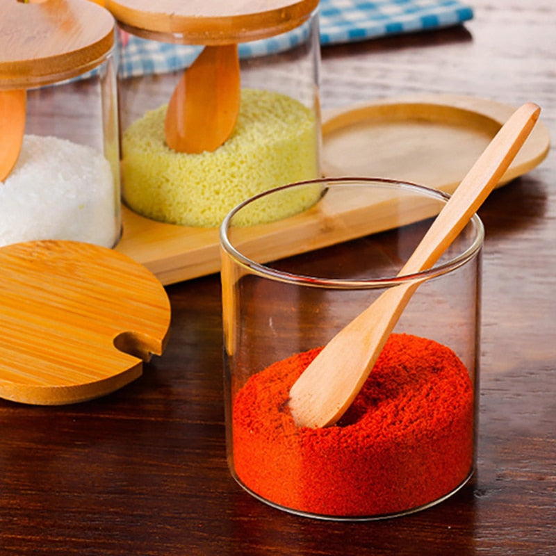Spice Organizer Glass Seasoning Box Bottle Salt Pepper Shakers Sugar Container Storage Jar with Wooden Spoon Kitchen Accessories