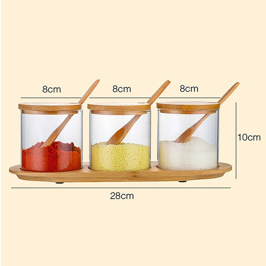Spice Organizer Glass Seasoning Box Bottle Salt Pepper Shakers Sugar Container Storage Jar with Wooden Spoon Kitchen Accessories