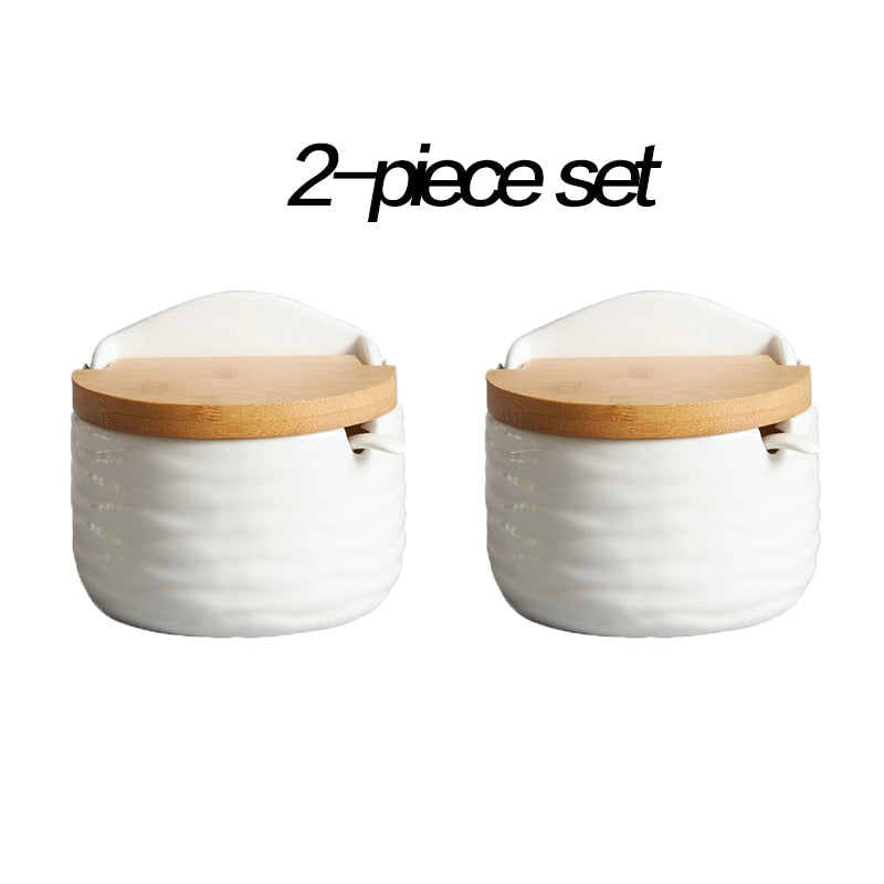 Set of Ceramic Seasoning Rack Spice Pots Bowls With Spoon & Porcelain Box and Bamboo Cover - Storage Container Condiment Jars