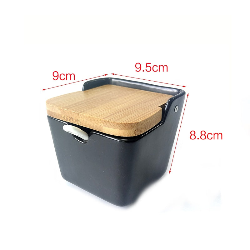 Set of Ceramic Seasoning Rack Spice Pots Bowls With Spoon & Porcelain Box and Bamboo Cover - Storage Container Condiment Jars