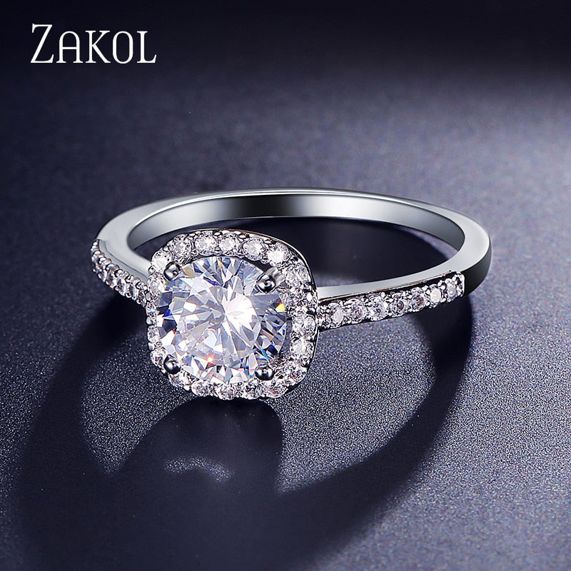 ZAKOL Round CZ Wedding Rings for Women White Color Jewelry Luxury Rings Engagement Square Bague Zirconia Accessories FSSP3063