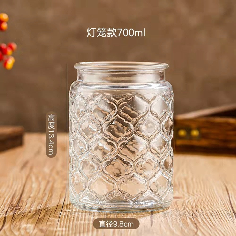 Glass Storage Jar with Lids Kitchen Organization Sealed Container Cereals Tank Food Tea Spice Jar Embossed Storage Glass Bottle