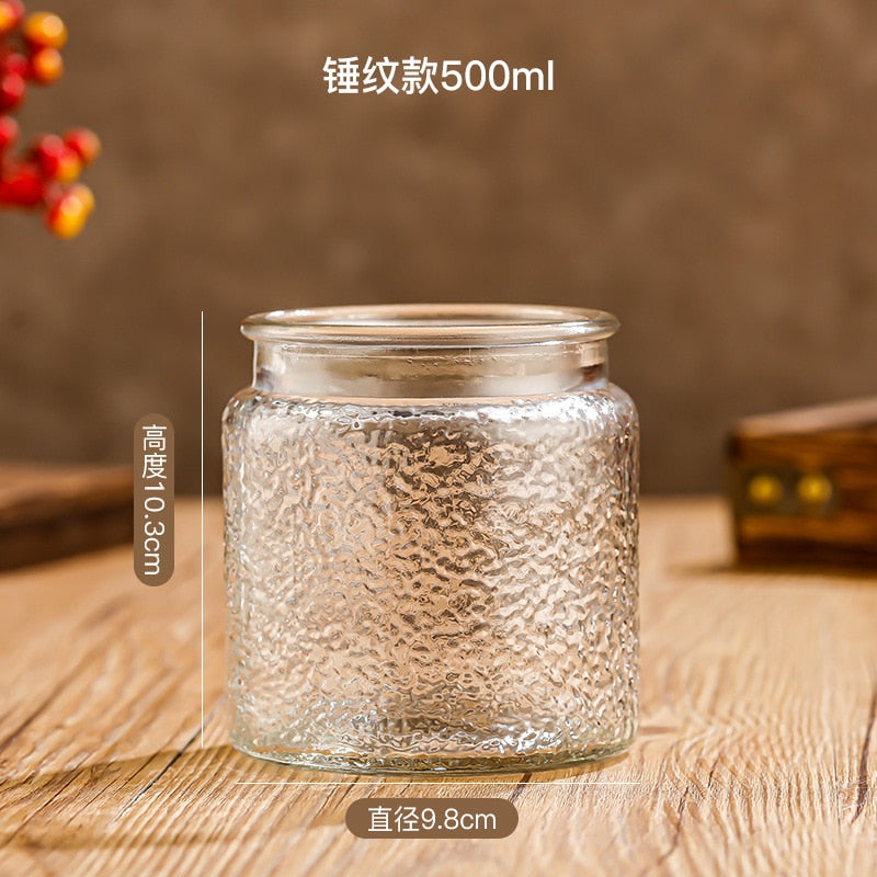 Glass Storage Jar with Lids Kitchen Organization Sealed Container Cereals Tank Food Tea Spice Jar Embossed Storage Glass Bottle