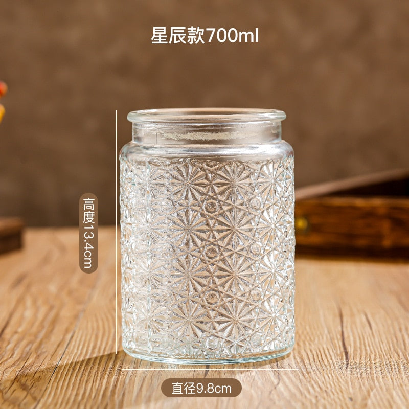 Glass Storage Jar with Lids Kitchen Organization Sealed Container Cereals Tank Food Tea Spice Jar Embossed Storage Glass Bottle