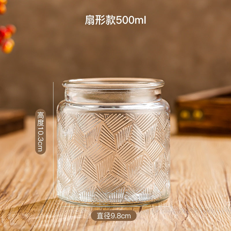 Glass Storage Jar with Lids Kitchen Organization Sealed Container Cereals Tank Food Tea Spice Jar Embossed Storage Glass Bottle