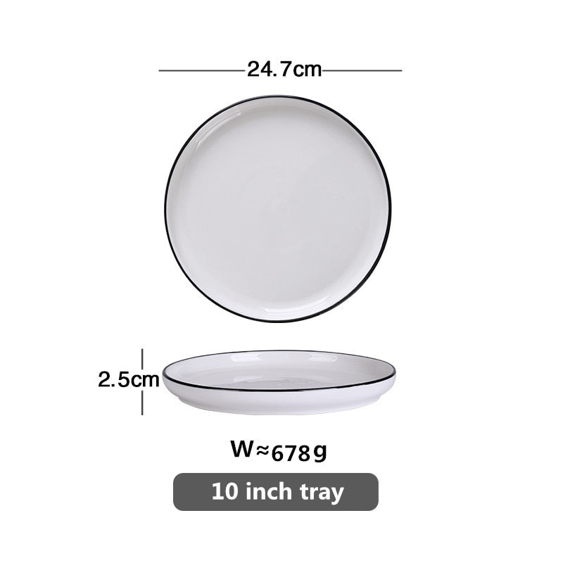 White With Black Edge Dinner Plate Ceramic Kitchen Tray Food Dishes Rice Salad Noodles Bowl Soup Kitchen Cook Tool 1pcs Sale